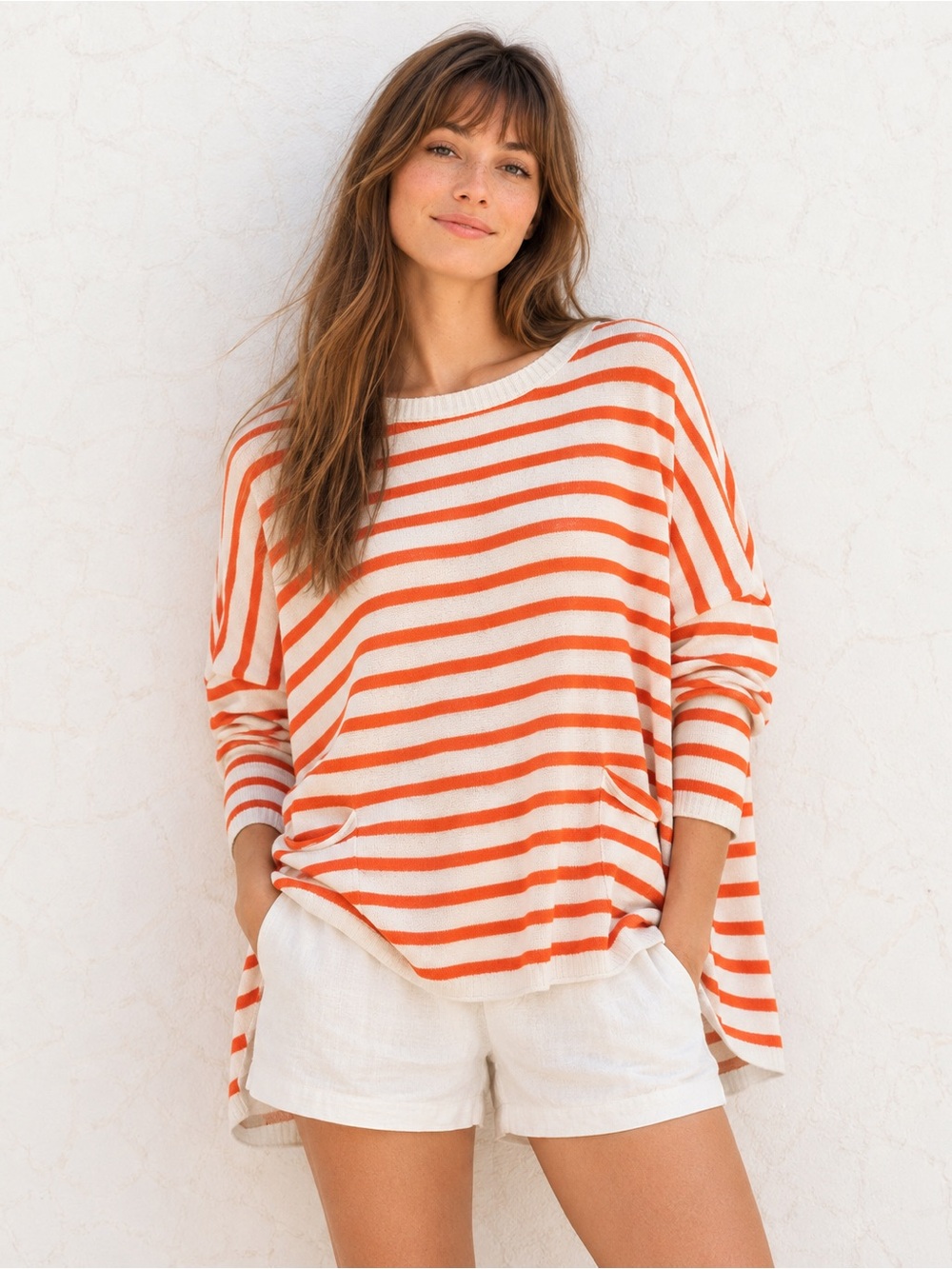 MERSEA Catalina Oversized Striped Crewneck Sweater Orange White One Size